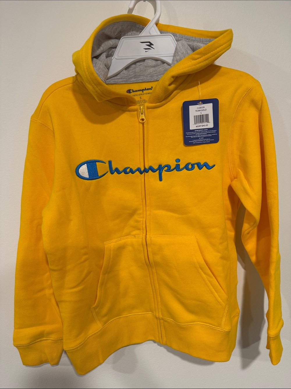 Champion Kids Yellow Full-Zip Hooded Puffer Jacket with Blue Logo